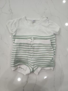 Janie and Jack White and Light Green Striped Knit Baby Matching Set